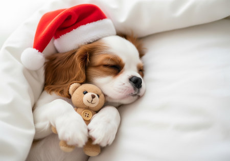 Cavalier King Charles Spaniel puppy sleeping in a christmas hatの素材