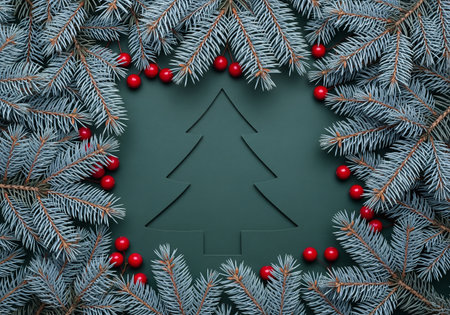 Christmas fir tree and red berries on green background. Flat lay, top viewの素材