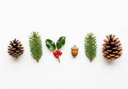 Christmas composition. Fir branches, acorn, holly berries on white background. Flat lay, top view, copy spaceの素材