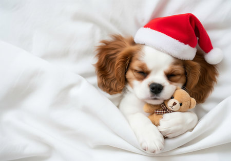Cavalier King Charles Spaniel puppy sleeping on white bed with christmas hat.の素材