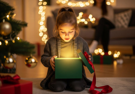 christmas, holidays, childhood and people concept - happy little girl opening gift box at homeの素材