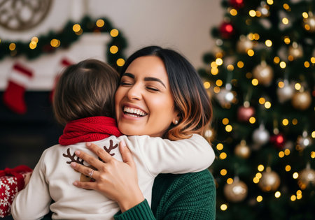 Portrait of a beautiful young mother and her little daughter hugging and smiling while standing near the Christmas tree at homeの素材