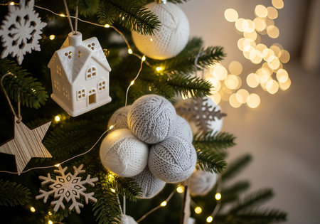 Christmas tree decoration with a toy house, balls and garland lightsの素材