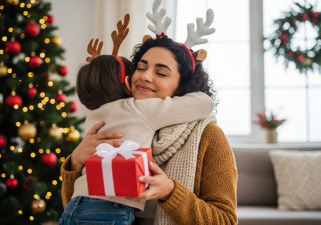 happy mother and daughter in reindeer antlers holding gift box at homeの素材