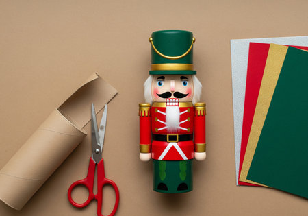 Saint Patricks Day concept. Top view of wooden nutcracker, gift box and scissors on craft paper background.の素材