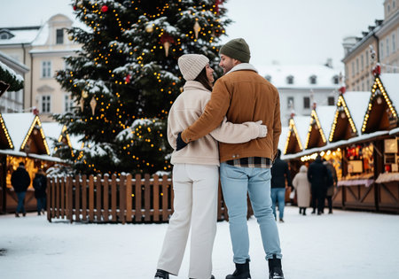 couple hugging and looking at each other on christmas market in winterの素材