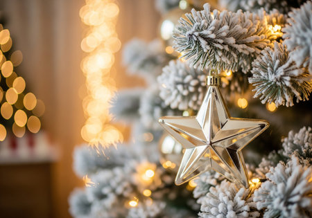 Decorated Christmas tree with golden star and bokeh backgroundの素材