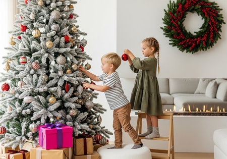 happy kids decorating christmas tree with baubles at homeの素材