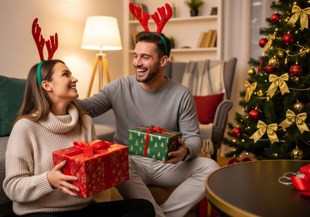 happy couple with christmas gifts at home on x-mas eveの素材