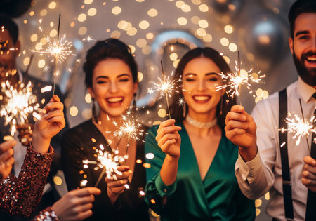 Group of young people with sparklers celebrating New Year or Christmas.の素材