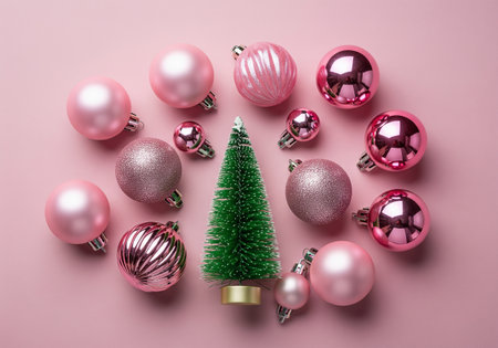 Christmas tree and baubles on pink background. Flat lay, top viewの素材