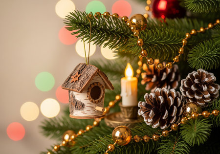 Christmas decoration with candle and birdhouse on bokeh background.の素材