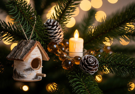 Christmas decoration with birdhouse, candle and fir branches on bokeh backgroundの素材