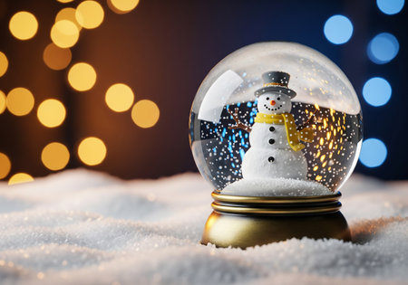 Snow globe with snowman and bokeh lights on background.の素材