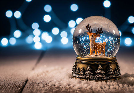 Snow globe with reindeer on snow and bokeh backgroundの素材