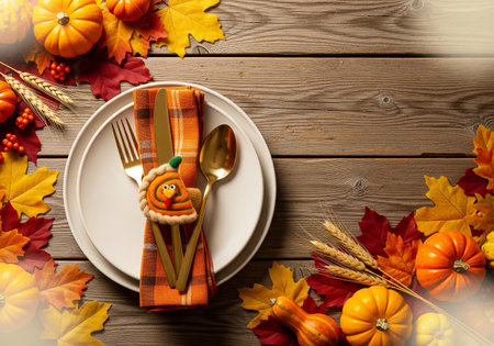 Thanksgiving table setting with pumpkins and autumn leaves on wooden backgroundの素材