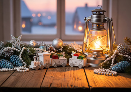 Christmas still life with lantern, toy train, Christmas tree and decorationsの素材