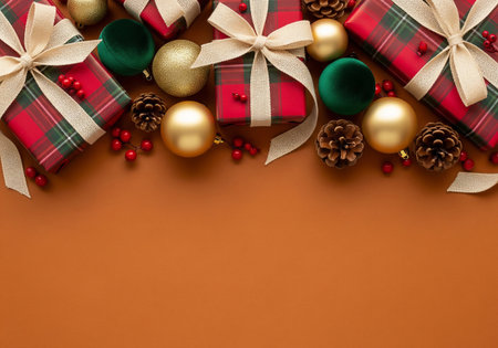 Christmas decoration on brown background. Top view with copy space. Flat lay.の素材