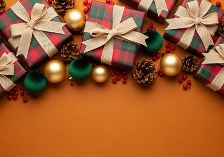 Christmas background with decorations, gift boxes and ornaments on orangeの素材