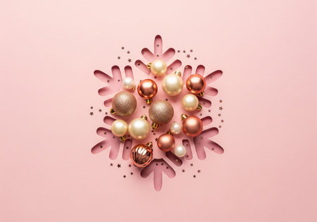 Christmas composition. Festive Christmas decoration on pastel pink background. Flat lay, top view, copy spaceの素材