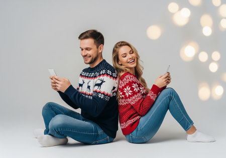 happy young couple in christmas sweaters using smartphone and smiling at cameraの素材