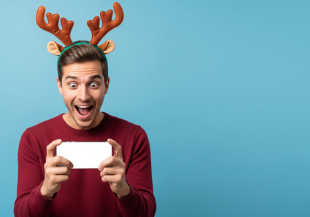 Excited man in reindeer antlers taking selfie on smartphoneの素材