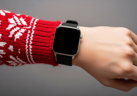 Female hand in a red knitted sweater with a smart watch on a gray backgroundの素材