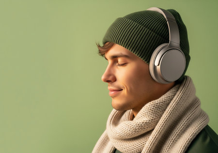 side view of handsome young man in winter hat and scarf listening to music with headphones isolated on greenの素材