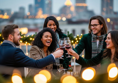 Group of friends toasting with red wine at rooftop party in New Yorkの素材