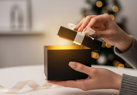 Woman opening gift box at table in room decorated for Christmas, closeupの素材
