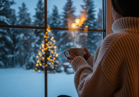 Young woman with cup of hot drink near window at home in winterの素材