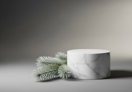 White marble podium with fir branches on grey background. 3d renderの素材