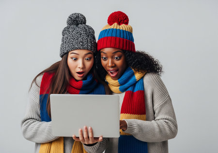 Two young african american women in winter hats and scarfs using laptopの素材