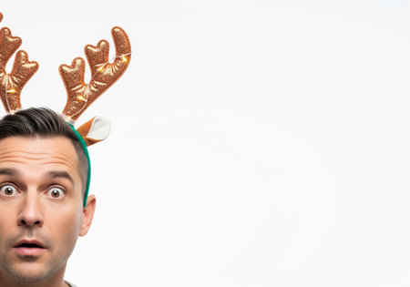 Portrait of young man with reindeer headband on white backgroundの素材