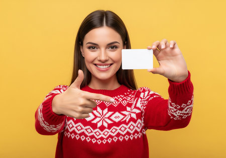 Cheerful young woman in red sweater showing blank business card and pointing at it while standing against yellow backgroundの素材