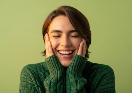 Portrait of a happy young woman in green sweater on green backgroundの素材