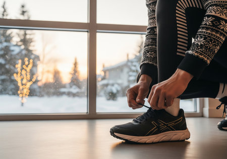 Cropped image of sporty woman tying shoelaces at homeの素材