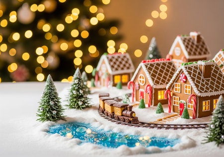 Christmas and New Year background with gingerbread houses and Christmas tree.の素材