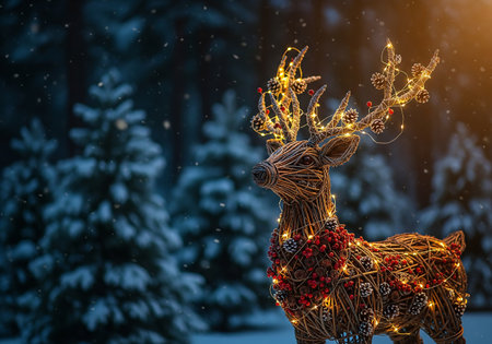 Christmas deer with garland in winter forest. Christmas and New Year concept.の素材