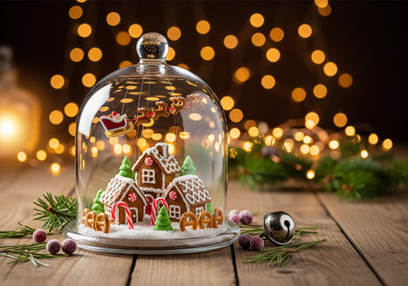 Christmas gingerbread house in a glass dome with bokeh backgroundの素材
