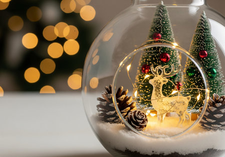 Christmas glass ball with Christmas tree and deer on bokeh backgroundの素材