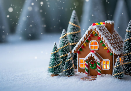 Gingerbread house in the snow with Christmas trees and snowflakesの素材