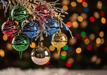 Colorful Christmas ornaments hanging on christmas tree against bokeh backgroundの素材