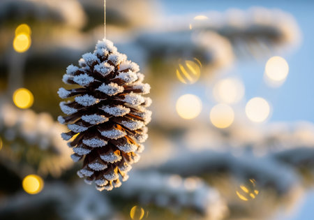 Pine cone hanging on a Christmas tree with bokeh backgroundの素材