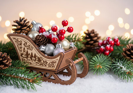 Christmas decoration with wooden sled and bokeh lights on background.の素材