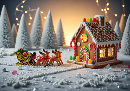 Christmas decoration in a glass dome on a wooden table with blurred backgroundの素材