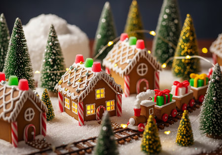 Gingerbread houses in the snow, christmas decoration, holiday backgroundの素材