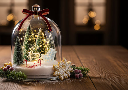 Gingerbread houses in the snow with Christmas tree and starry skyの素材