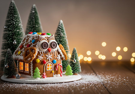 Gingerbread house with christmas decoration on snow and bokeh backgroundの素材