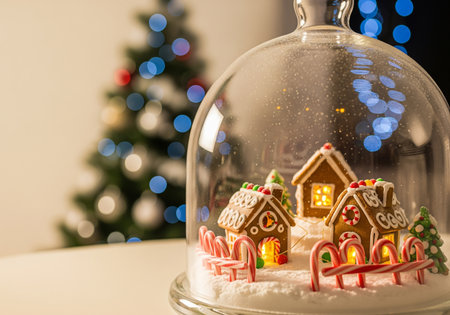 Christmas gingerbread house in a glass dome on the background of a Christmas treeの素材